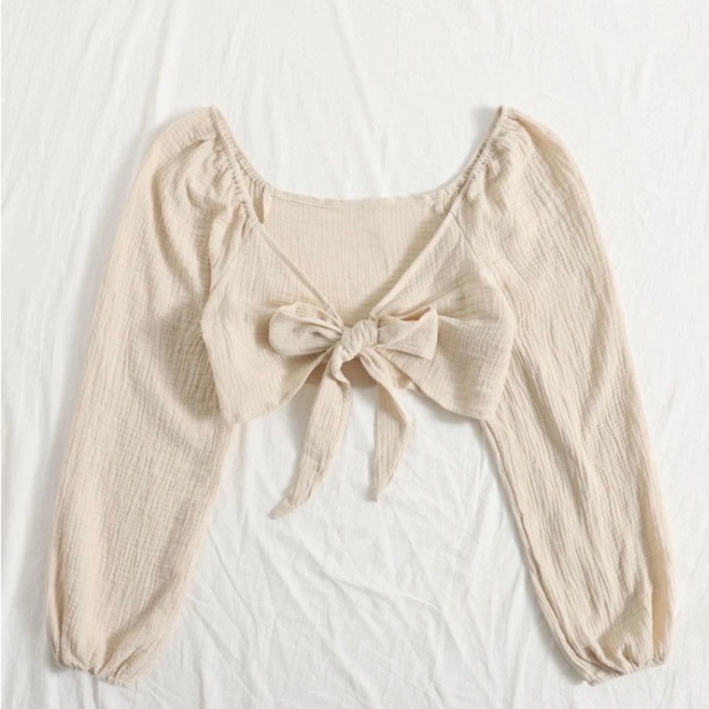 Knot Front Lantern Sleeve Crop Top | Tan Crop Top | Shein